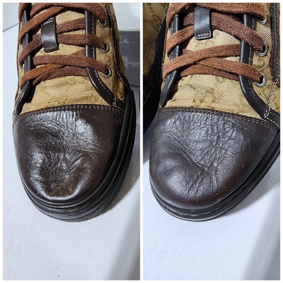 Authentic Gucci Leather And Monogram Canvas Lace Up Sneakers Brown/Beige Size 7. - Picture 15 of 16
